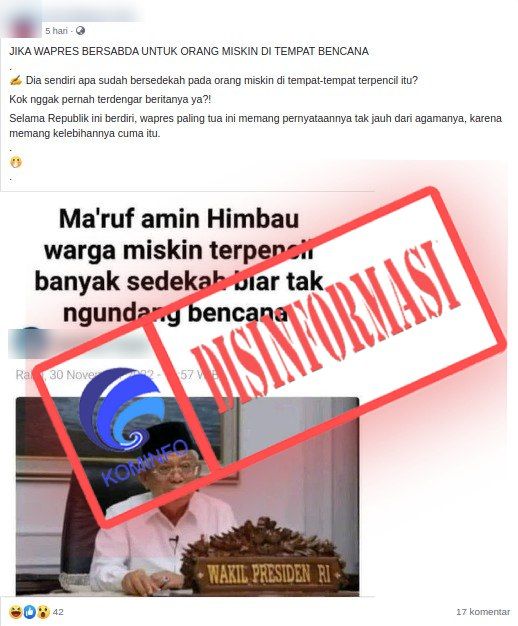 Ma'ruf Amin Imbau Warga Miskin Banyak Sedekah Agar Tak Undang Bencana