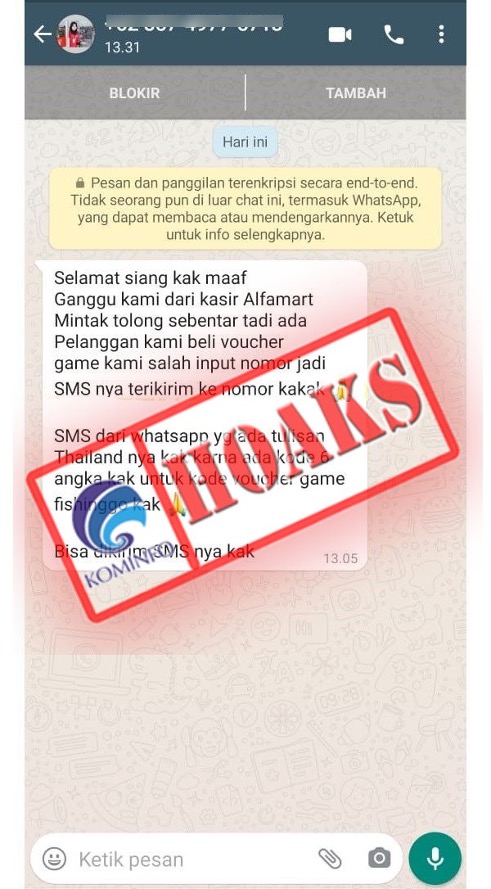 Pesan WhatsApp Mengatasnamakan Kasir Alfamart dan Meminta 6 Digit Kode WhatsApp