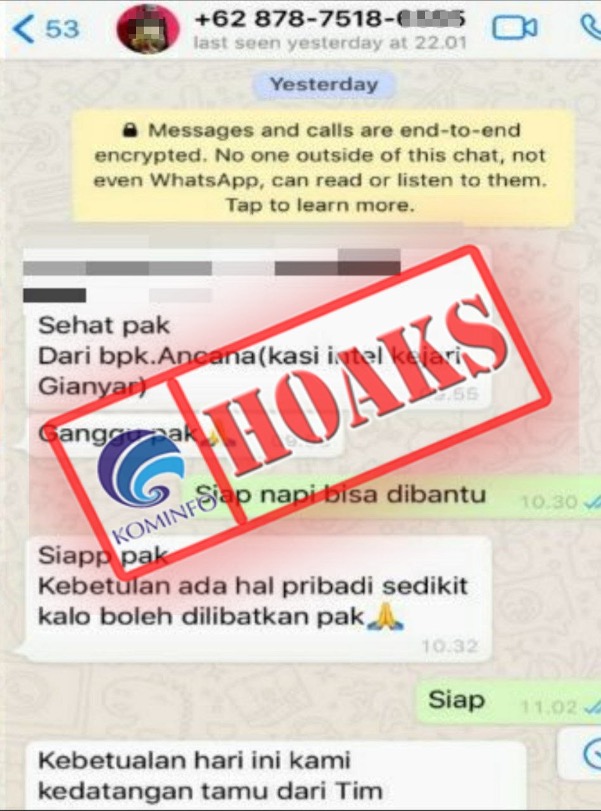 Akun WhatsApp Mengatasnamakan Kasi Intel Kejari Gianyar