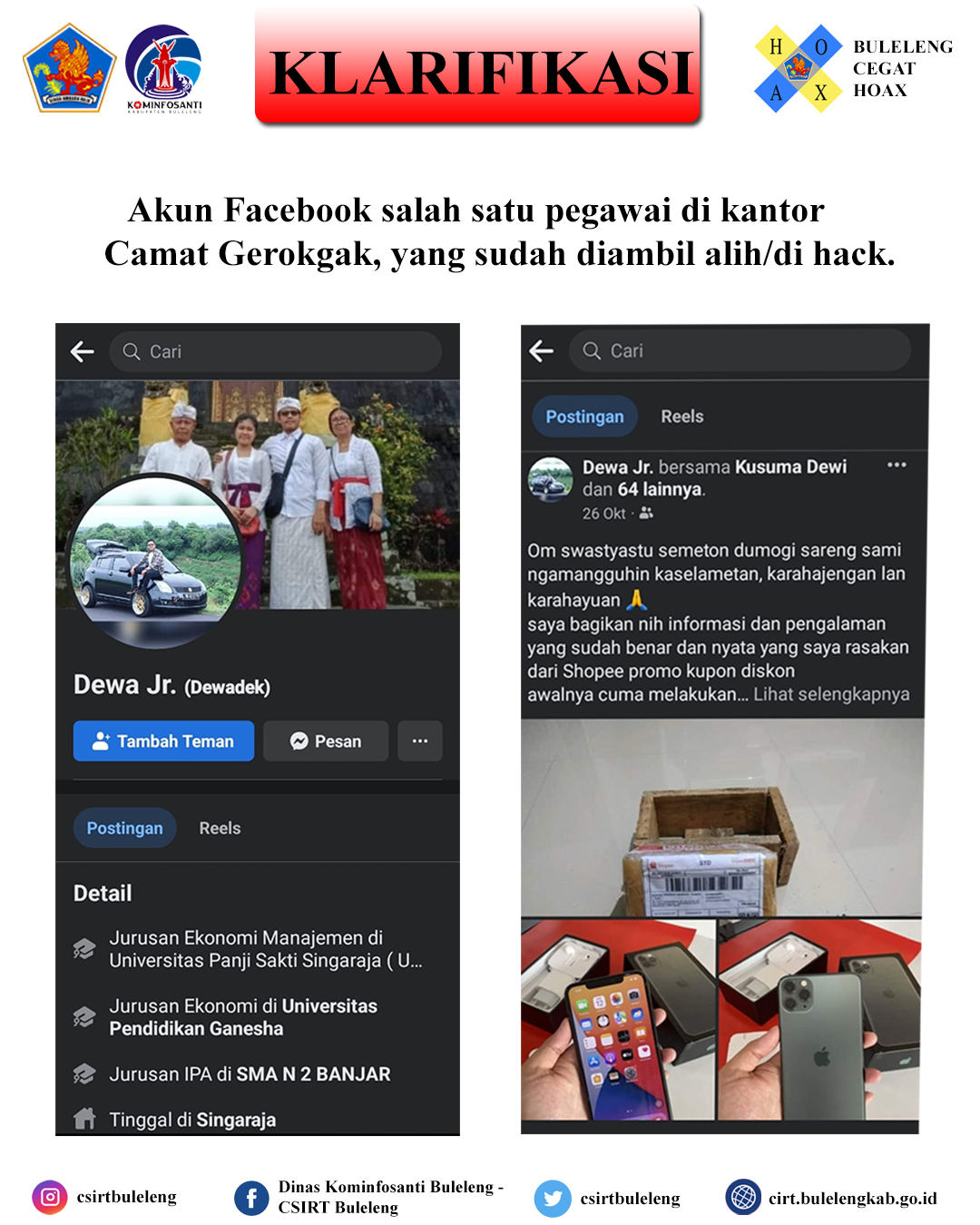 Akun Facebook salah satu pegawai di kantor Camat Gerokgak, yang sudah diambil alih/di hack.