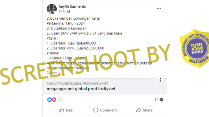 Lowongan Pertamina di Facebook dengan cara klik link tak dikenal