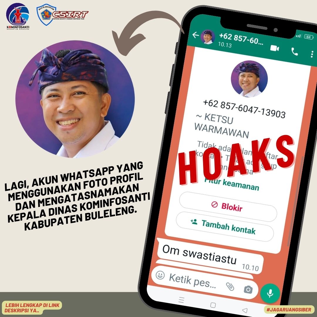 Lagi, Akun Whatsapp yang menggunakan foto profil dan mengatasnamakan Kepala Dinas Kominfosanti Kabupaten Buleleng.