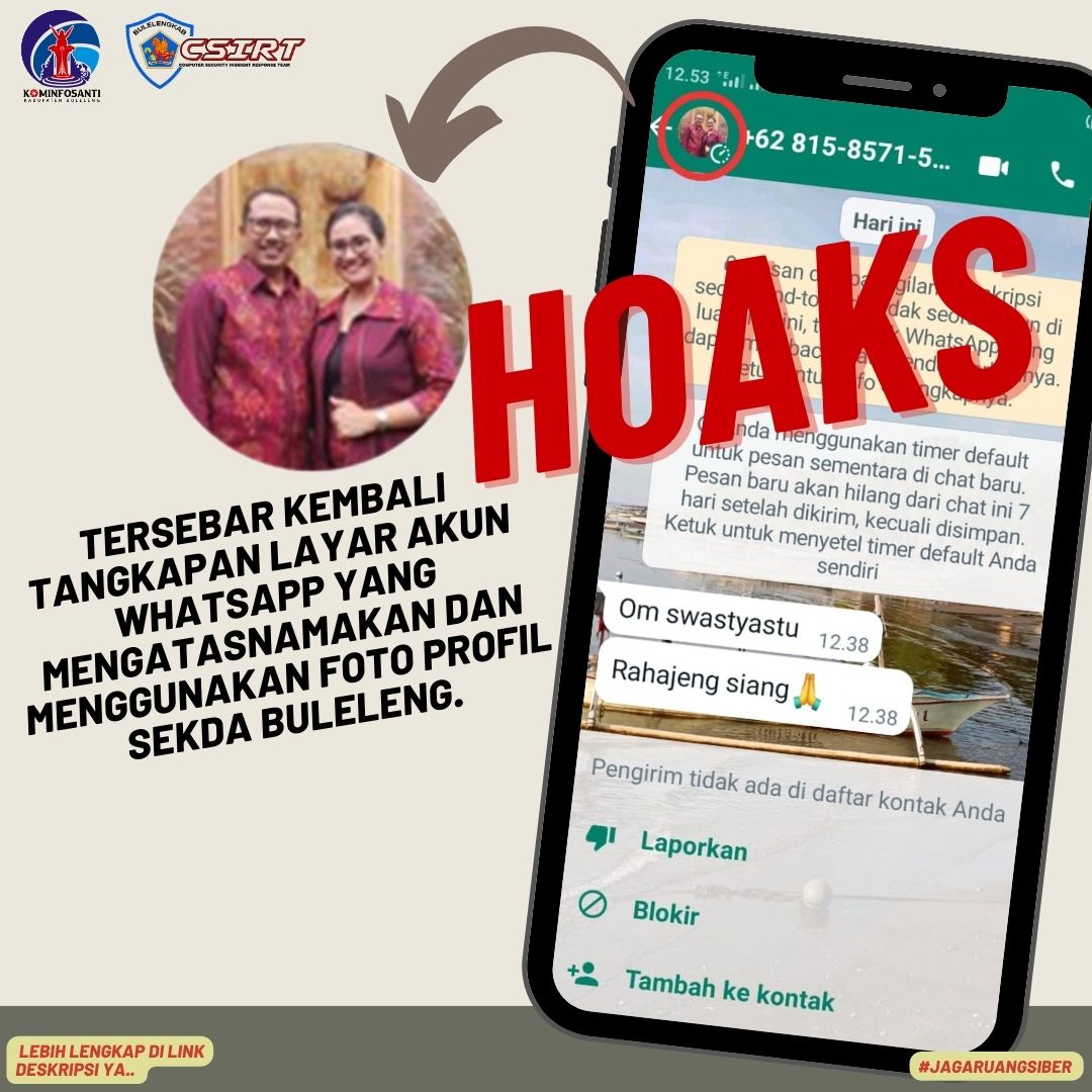 Tersebar Kembali tangkapan layar Akun Whatsapp yang mengatasnamakan dan menggunakan foto profil Sekda Buleleng.