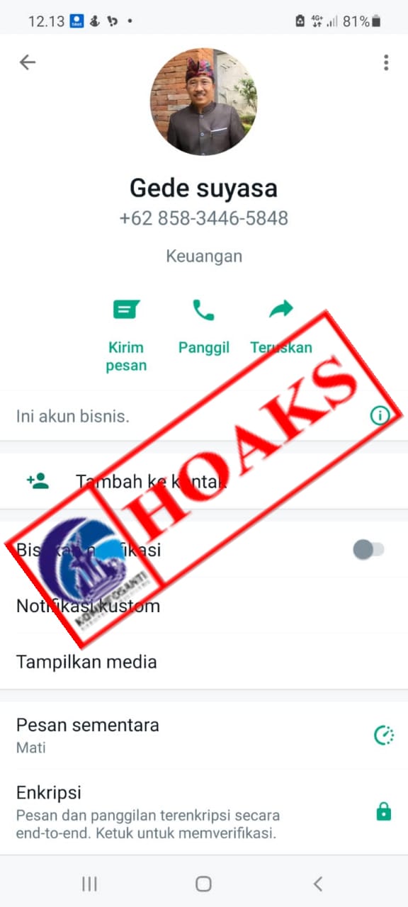 Tersebar Kembali Tangkapan Layar Akun Whatsapp Yang Mengatasnamakan Sekretaris Daerah Kabupaten Buleleng