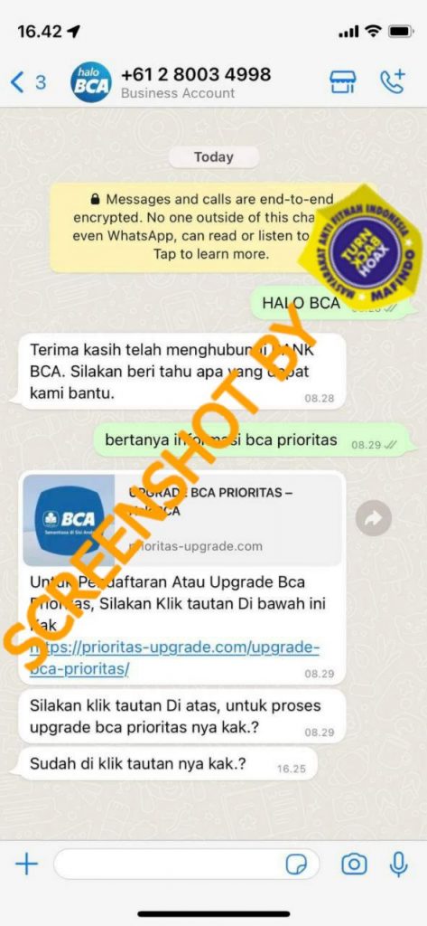 Nomor WhatsApp BCA +61280034998 Menawarkan Layanan Upgrade BCA Prioritas