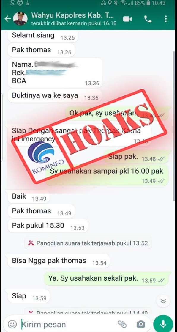 Pesan WhatsApp Mengatasnamakan Kapolresta Tangerang Minta Bantuan Uang Sebesar Rp25 Juta