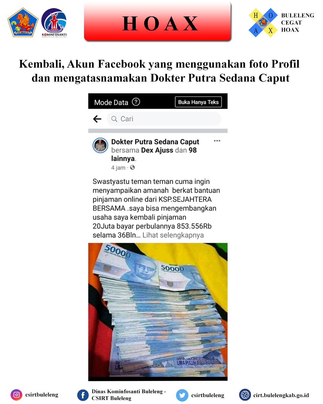 Kembali, Akun Facebook yang menggunakan foto Profil dan mengatasnamakan Dokter Putra Sedana Caput