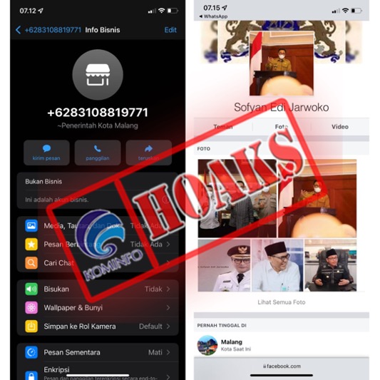 Akun Facebook dan WhatsApp Mengatasnamakan Wakil Wali Kota Malang, Ir. H. Sofyan Edi Jarwoko