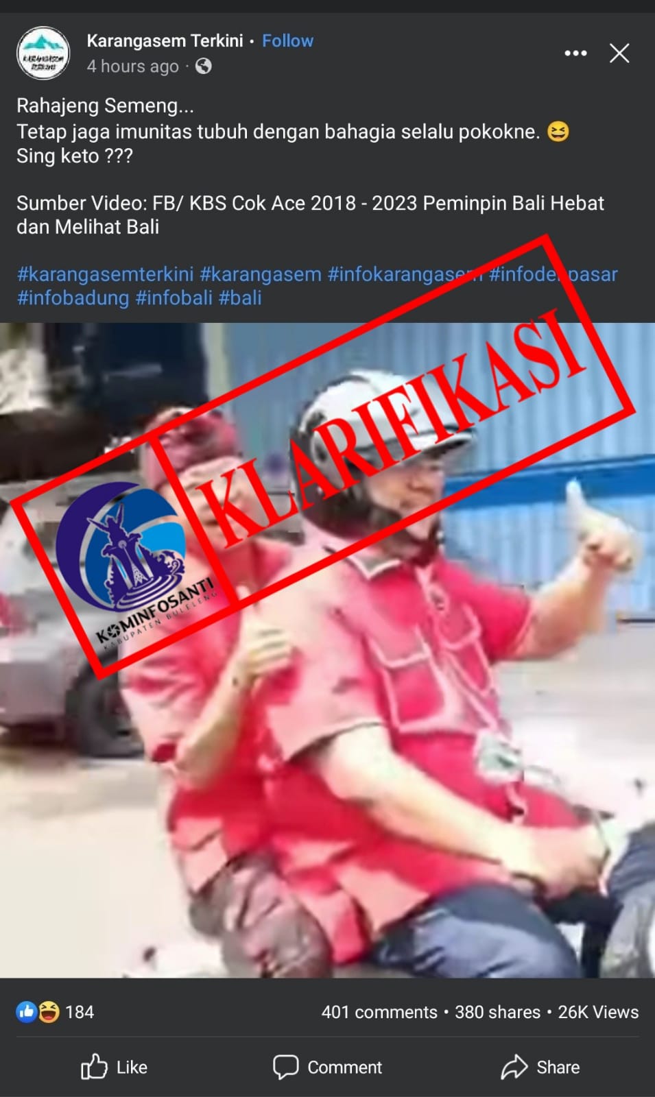 Beredar Postingan Video Bapak Gubernur Bali, Bapak Bupati dan Wakil Bupati Buleleng Yang Tidak Menggunakan Masker saat mengendarai motor di jalan raya. 