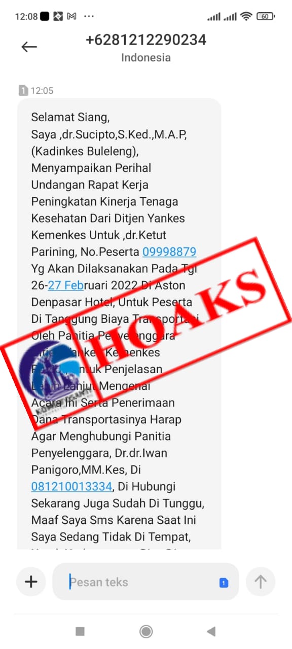 Beredar Tangkapan Layar via sms Mengatasnamakan Kepala Dinas Kesehatan Kabupaten Buleleng