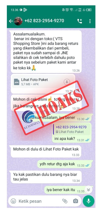 Pesan WhatsApp Pengiriman Paket Retur Mengatasnamakan JNE Express