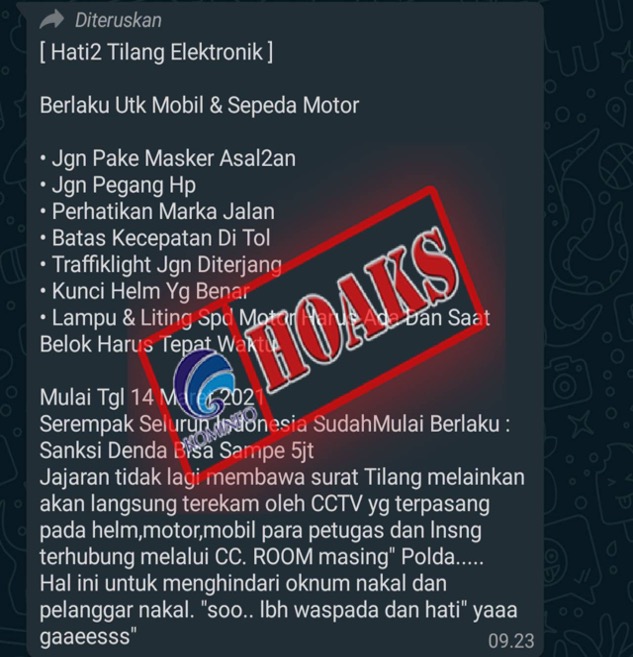 Pesan Berantai Mengenai Informasi Tilang Elektronik Berlaku Mulai 14 Maret 2021