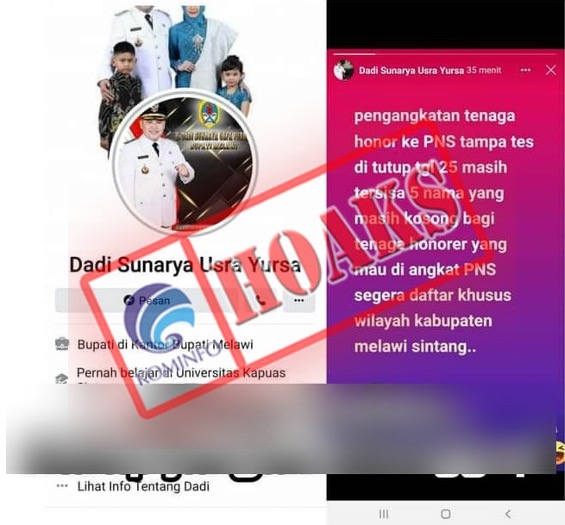 Akun Facebook Mengatasnamakan Bupati Melawi dan Menawarkan Posisi ASN di Kabupaten Melawai