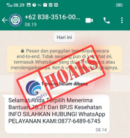 Pesan WhatsApp Bantuan BPJS Kesehatan Sebesar Rp75 Juta