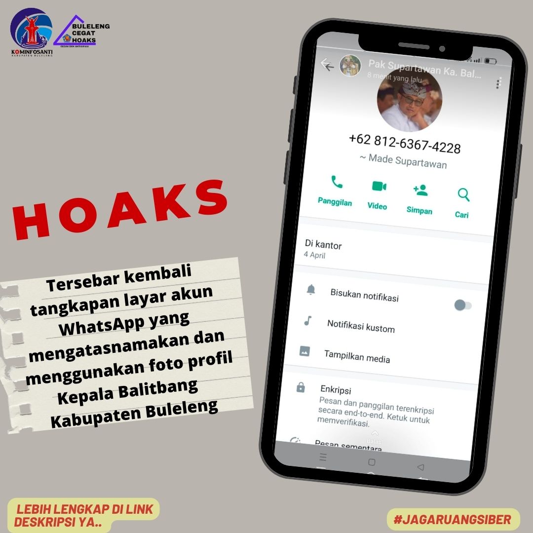 Tersebar Kembali tangkapan layar akun WhatsApp yang mengatasnamakan dan menggunakan foto profil Kepala Balitbang Kabupaten Buleleng