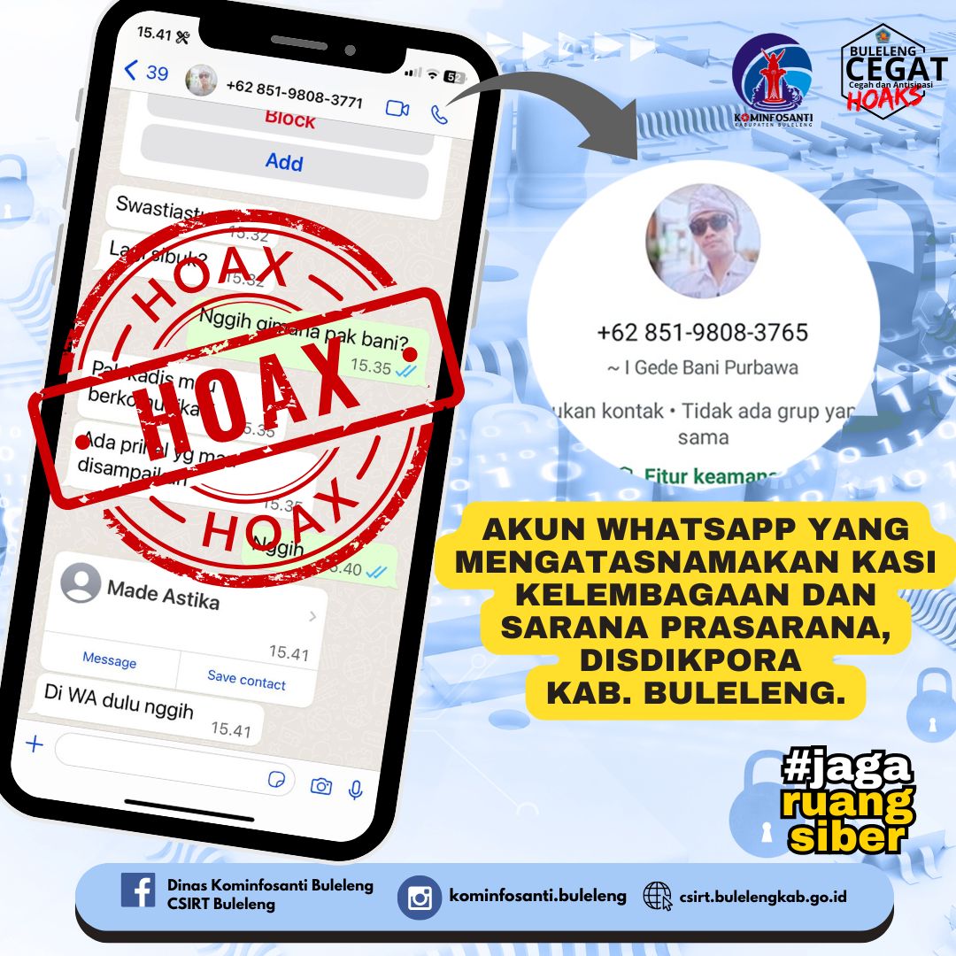 Akun WhatsApp yang mengatasnamakan Kasi Kelembagaan dan Sarana Prasarana, Disdikpora Kabupaten Buleleng.