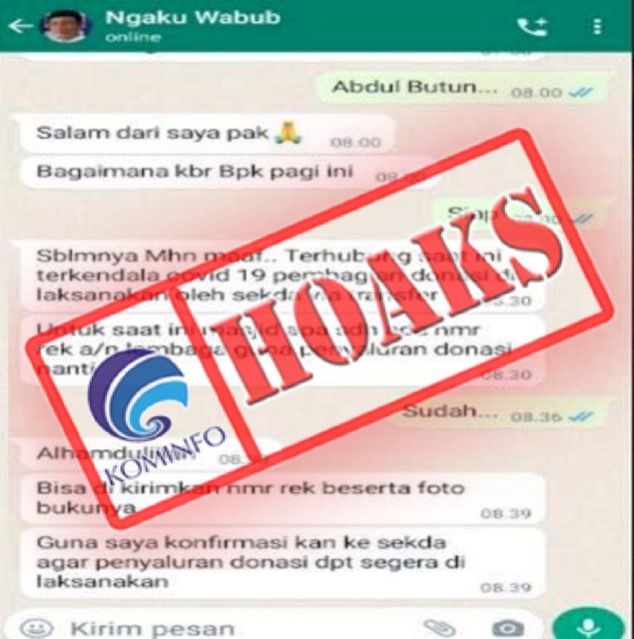 Pesan WhatsApp Mengatasnamakan Wakil Bupati Lamongan K.H. Abdul Rouf dengan Tujuan Penyaluran Donasi untuk Ormas Islam