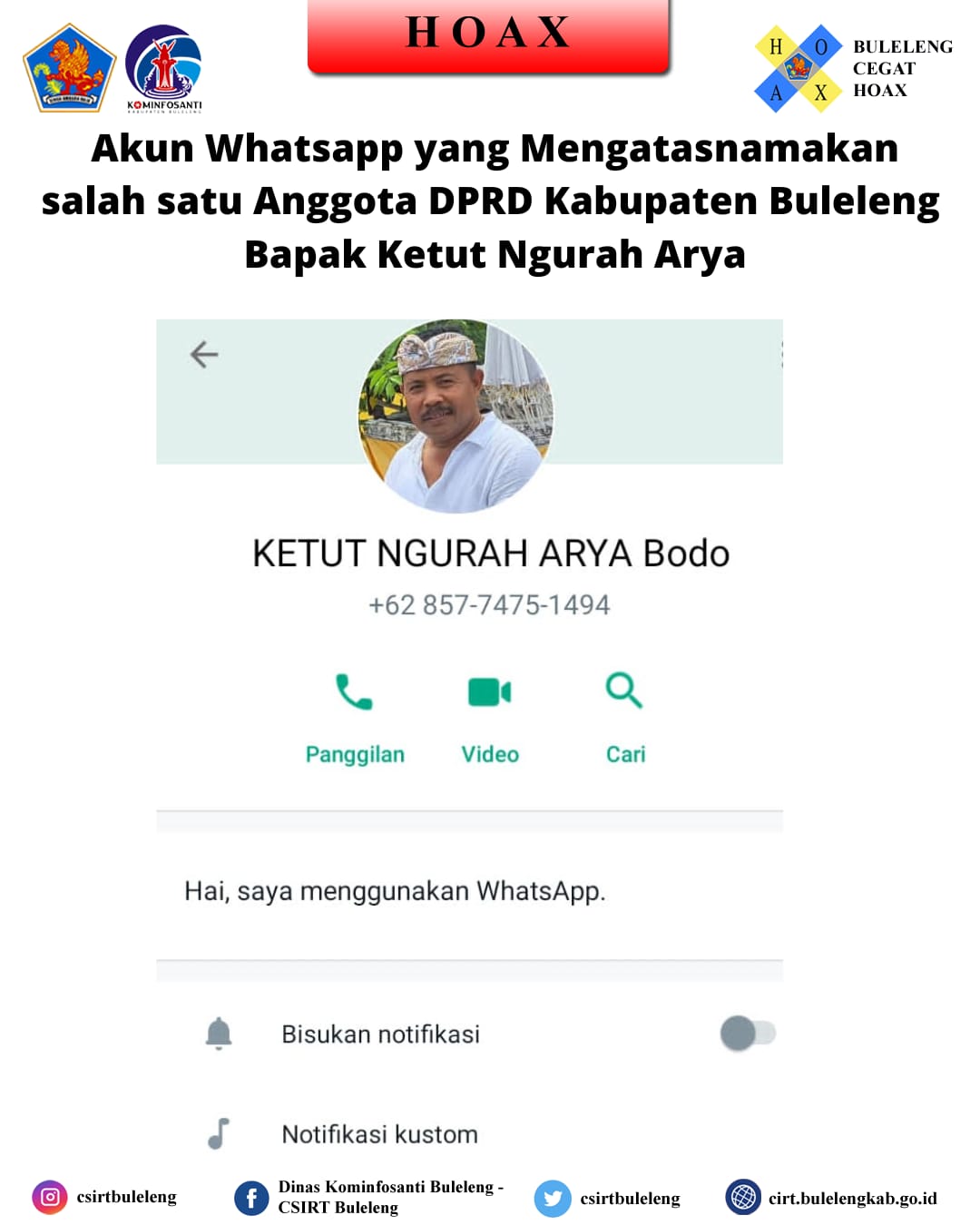 Akun Whatsapp yang mengatasnamakan salah satu Anggota DPRD Kabupaten Buleleng