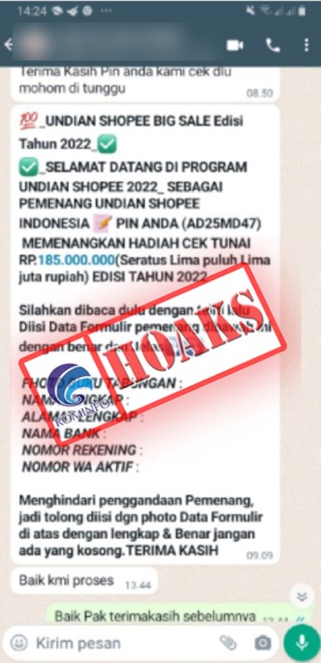 Pesan Singkat Pemenang Undian Shopee Berhadiah Cek Tunai Rp185 Juta