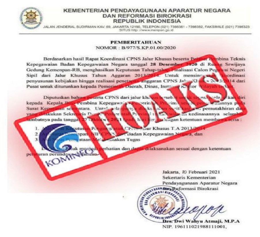 Surat Pengangkatan CPNS Mengatasnamakan Kementerian PANRB