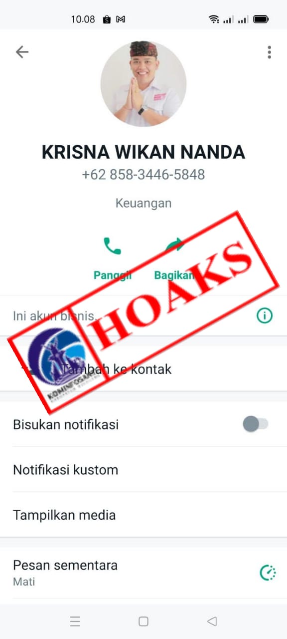 TERSEBAR TANGKAPAN LAYAR AKUN WHATSAPP MENGGUNAKAN FOTO PROFIL DAN MENGATASNAMAKAN WAKIL KETUA UMUM WIRAUSAHAMUDA SINGARAJA