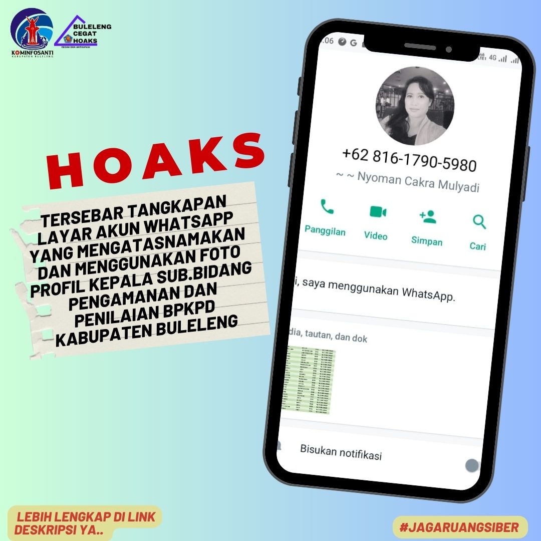 Tersebar tangkapan layar akun WhatsApp yang mengatasnamakan dan menggunakan foto profil Kepala Sub.Bidang Pengamanan dan Penilaian BPKPD Kabupaten Buleleng