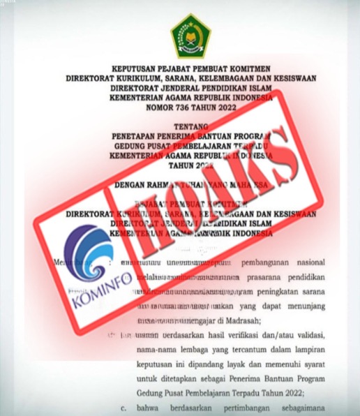 Surat Keputusan Penetapan Penerima Bantuan Program Gedung Pusat Pembelajaran Terpadu Mengatasnamakan Ditjen Pendis Kemenag