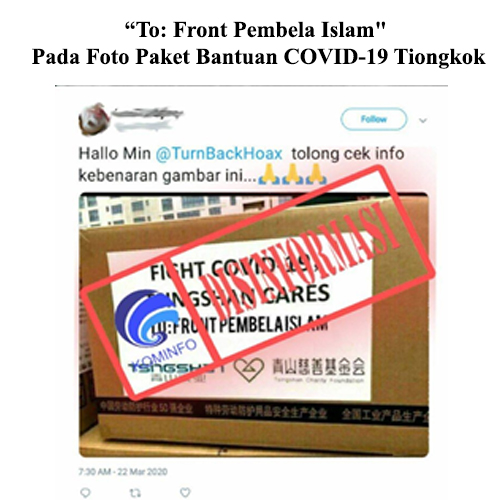 'To: Front Pembela Islam ' pada Foto Paket Bantuan COVID-19 Tiongkok