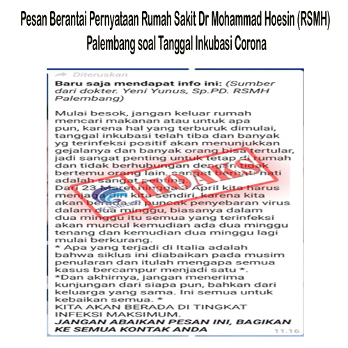 Pesan Berantai Pernyataan Rumah Sakit Dr Mohammad Hoesin (RSMH) Palembang soal Tanggal Inkubasi Corona