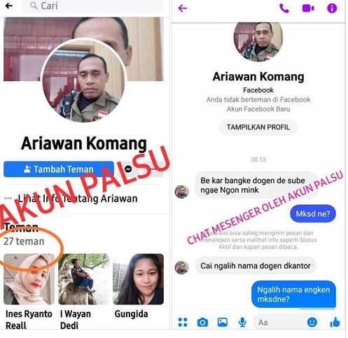 Akun Media Sosial Facebook atas nama Ariawan Komang  dikloning