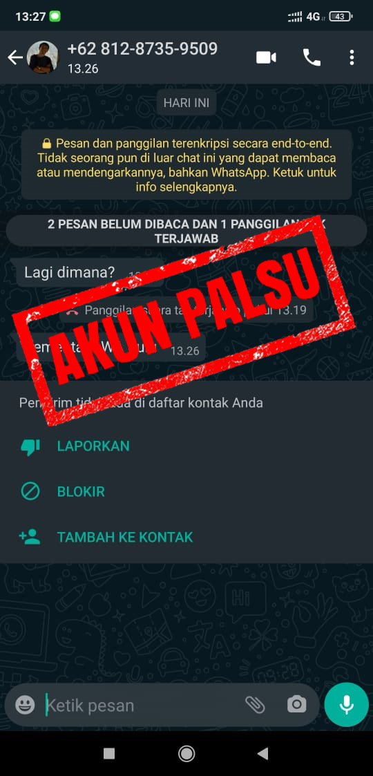 Akun Whatsapp yang mengatasnamakan Kepala Dinas Pertanian Kabupaten Buleleng