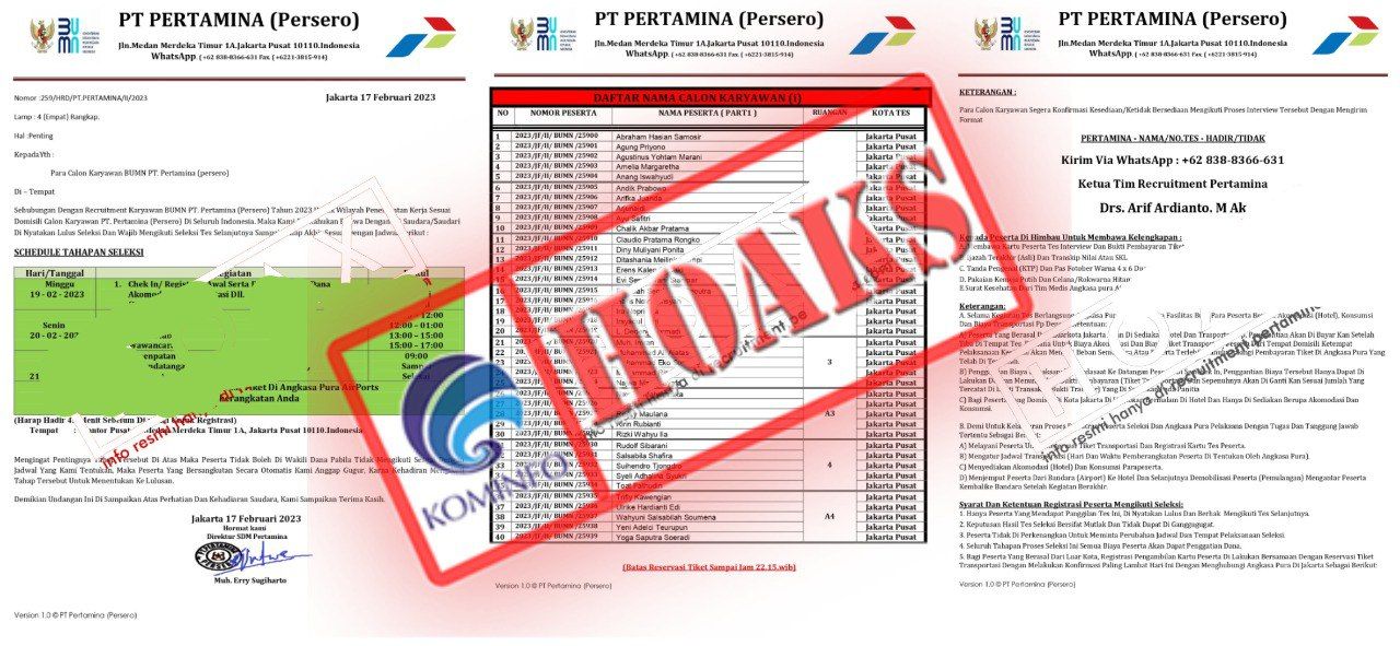 Surat Panggilan Tes Kerja Calon Karyawan Mengatasnamakan PT Pertamina