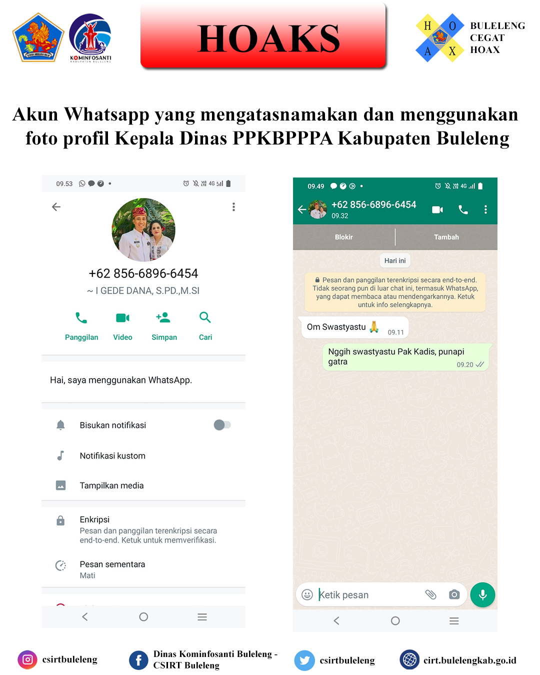 Akun Whatsapp yang mengatasnamakan dan menggunakan foto profil Kepala Dinas PPKBPPPA Kabupaten Buleleng.