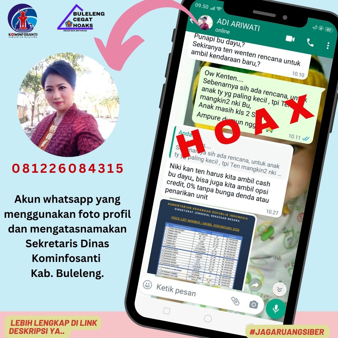 Akun whatsapp yang menggunakan foto profil dan mengatasnamakan Sekretaris Dinas Kominfosanti Kabupaten Buleleng.