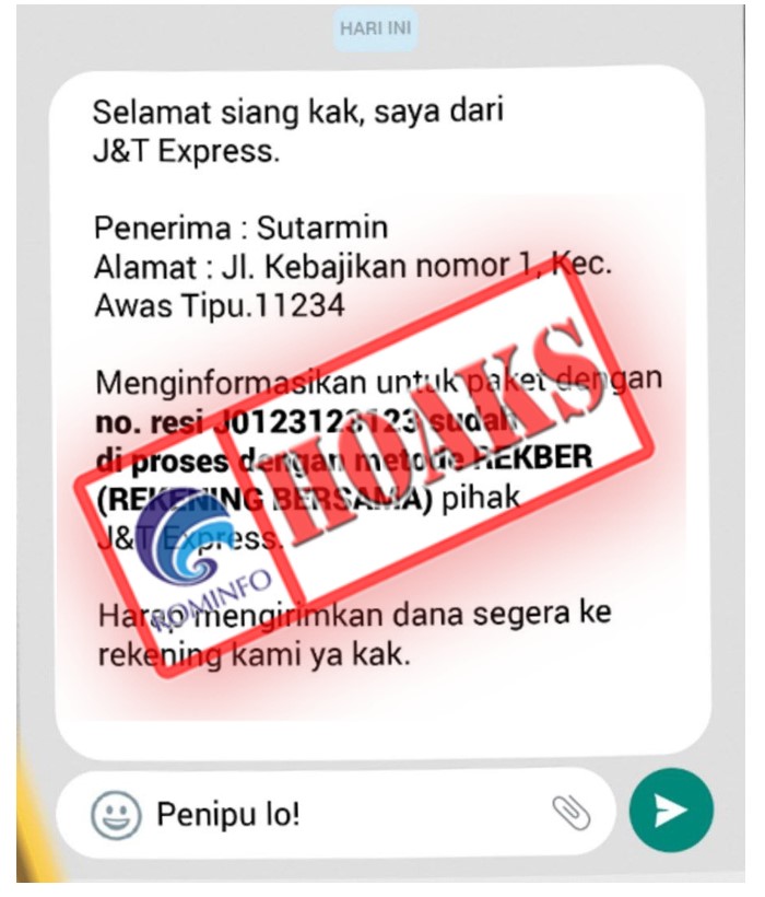 Pesan WhatsApp Permintaan Biaya Tambahan Mengatasnamakan J&T Express