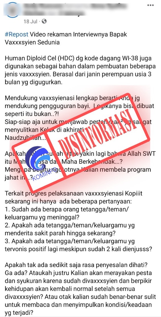 DISINFORMASI Vaksin Covid-19 Mengandung Janin Manusia Usia 3 Bulan