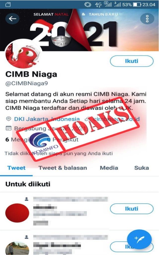 Akun Twitter mengatasnamakan Bank CIMB Niaga