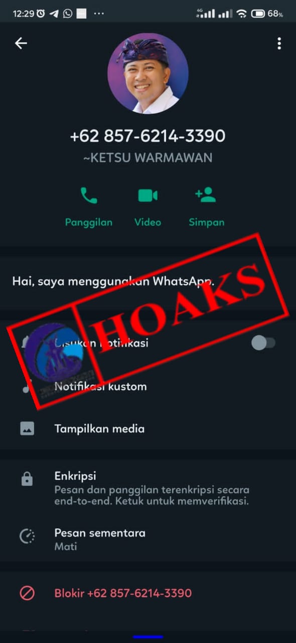 LAGI, TERSEBAR TANGKAPAN LAYAR AKUN WHATSAPP YANG MENGGUNAKAN FOTO PROFIL DAN MENGATASNAMAKAN KADIS KOMINFOSANTI KABUPATEN BULELENG