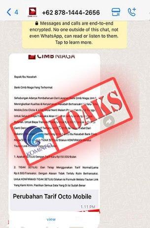 Pesan WhatsApp Perubahan Tarif Biaya Transaksi Mengatasnamakan Bank CIMB Niaga