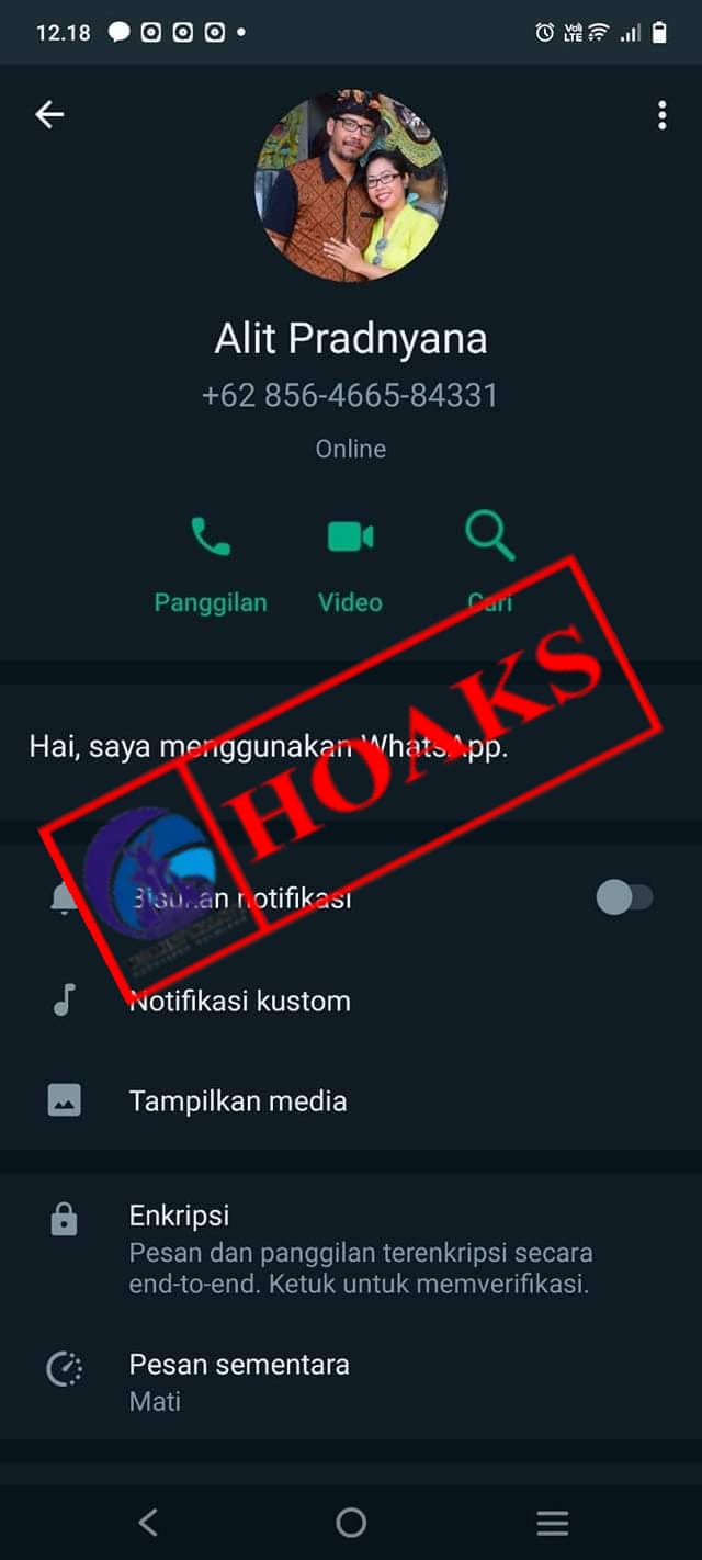 BEREDAR TANGKAPAN LAYAR AKUN WHATSAPP YANG MENGGUNKAN FOTO PROFIL DAN MENGATASNAMAKAN ALIT PRADNYANA.