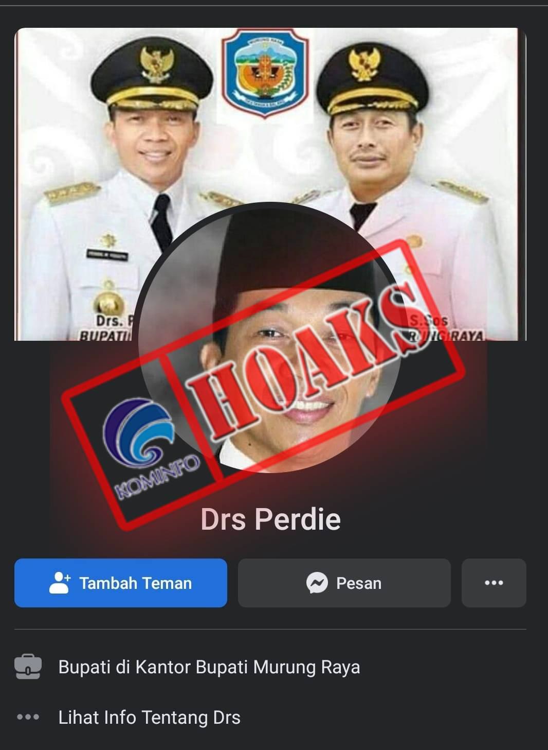 Akun Facebook Mengatasnamakan Bupati Murung Raya Perdie M. Yoseph