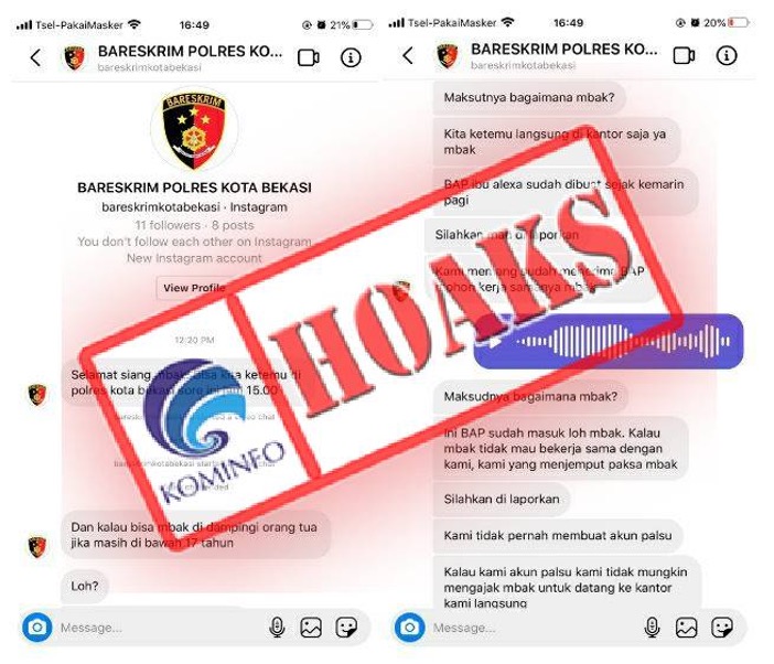 Akun Instagram Mengatasnamakan Bareskrim Kota Bekasi Melakukan Panggilan Pemeriksaan