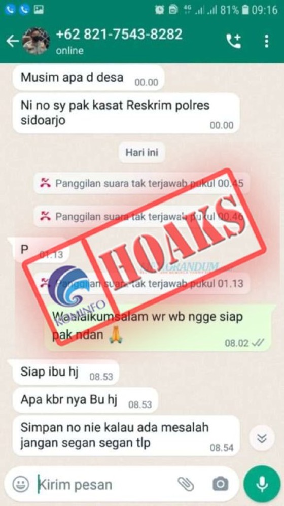 Nomor WhatsApp Mengatasnamakan Kasatreskrim Polresta Sidoarjo