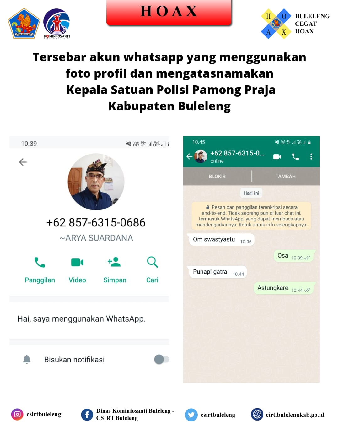 Tersebar akun whatsapp yang menggunakan foto profil dan mengatasnamakan Kepala Satuan Polisi Pamong Praja Kabupaten Buleleng.