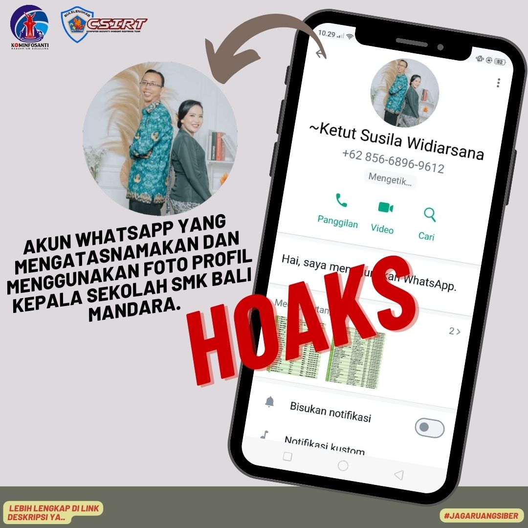 Akun Whatsapp yang mengatasnamakan dan menggunakan foto profil Kepala Sekolah SMK Bali Mandara.