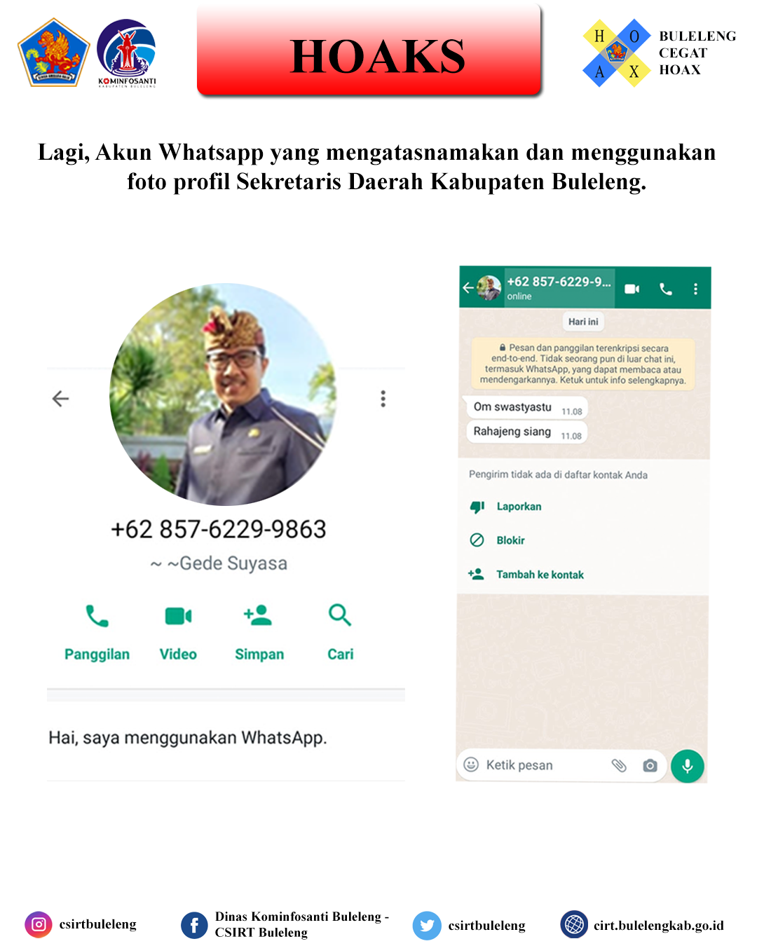 Lagi, Akun Whatsapp yang mengatasnamakan dan menggunakan foto profil Sekretaris Daerah Kabupaten Buleleng.