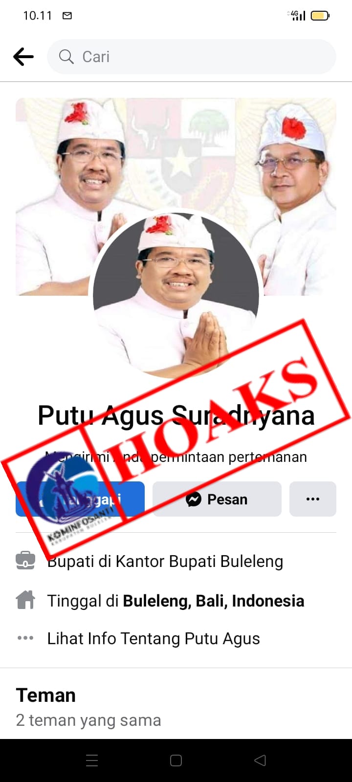 LAGI, AKUN FACEBOOK YANG MENGGUNAKAN FOTO PROFIL DAN MENGATASNAMAKAN BUPATI BULELENG, PUTU AGUS SURADNYANA.