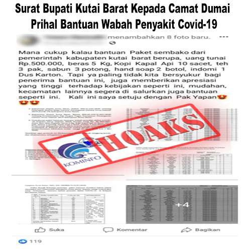 Surat Bupati Kutai Barat kepada Camat Dumai Prihal Bantuan Wabah Penyakit Covid-19