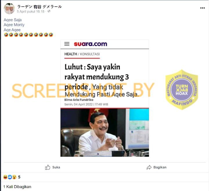 Gambar Tangkapan Layar Artikel Suara.com “Luhut : Saya yakin rakyat mendukung 3 periode , Yang tidak Mendukung Pasti Aqee Saja.”