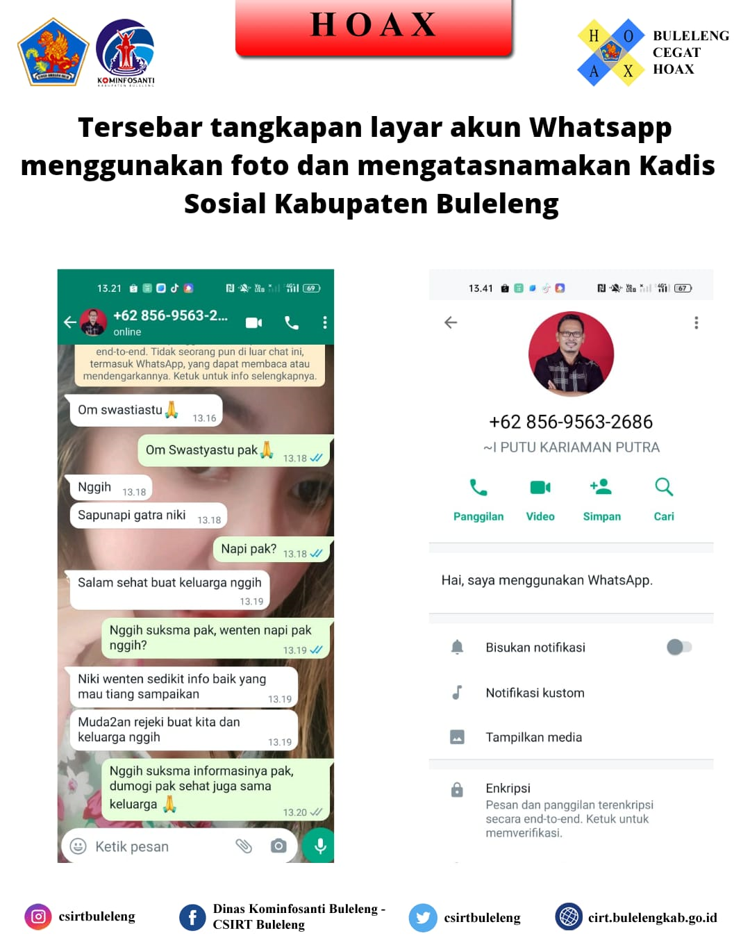 Tersebar tangkapan layar akun whatsapp yang mengaku sebagai Kepala Dinas Sosial Kabupaten Buleleng